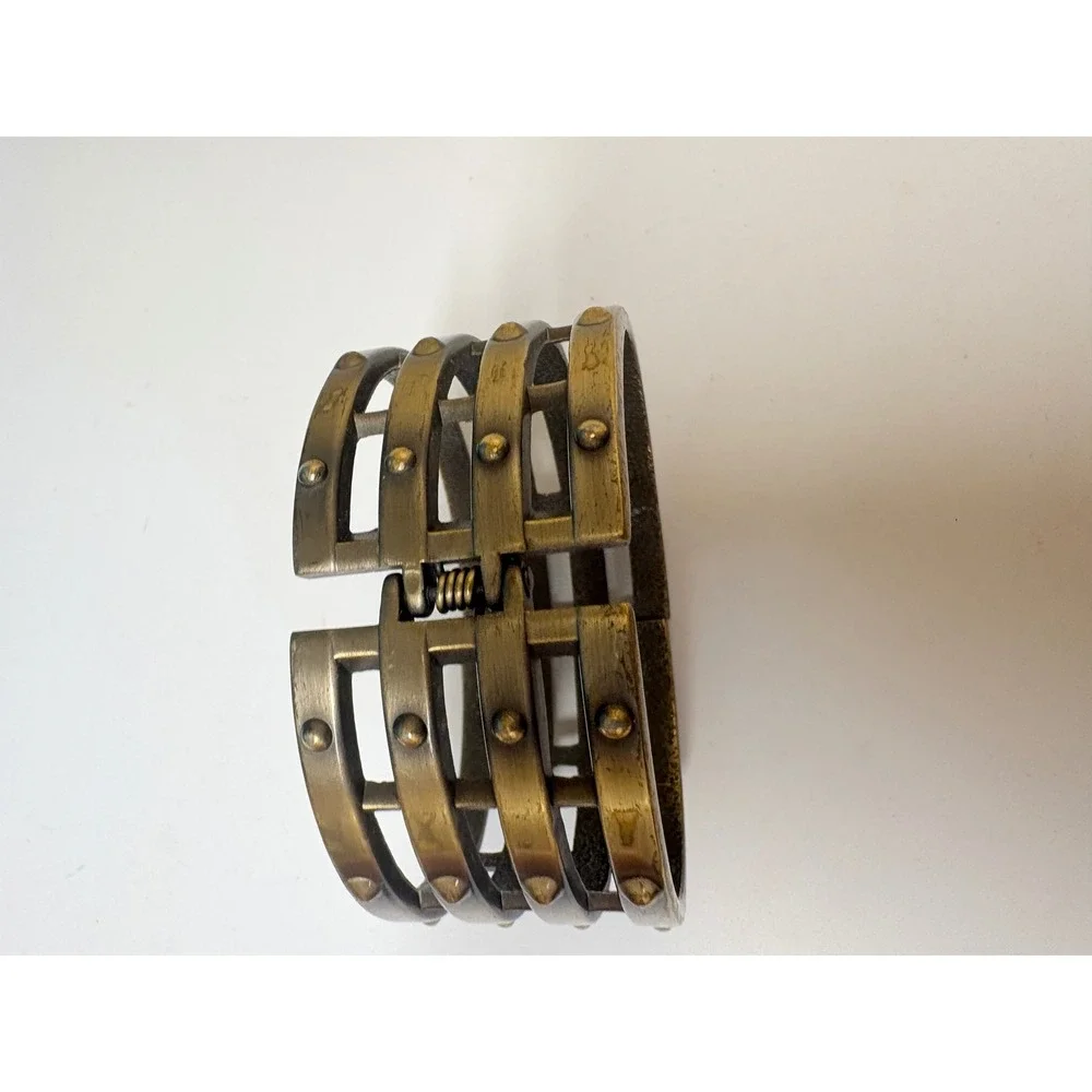Antique Brass‎ Tone Industrial Four Band Studded Hinge Cuff Bracelet